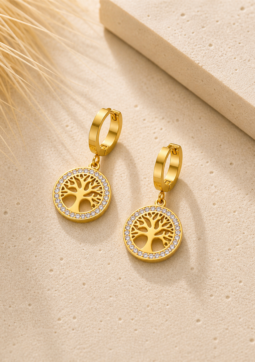 Boucles d’Oreilles Arbre de Vie Dorées | Acier Inoxydable