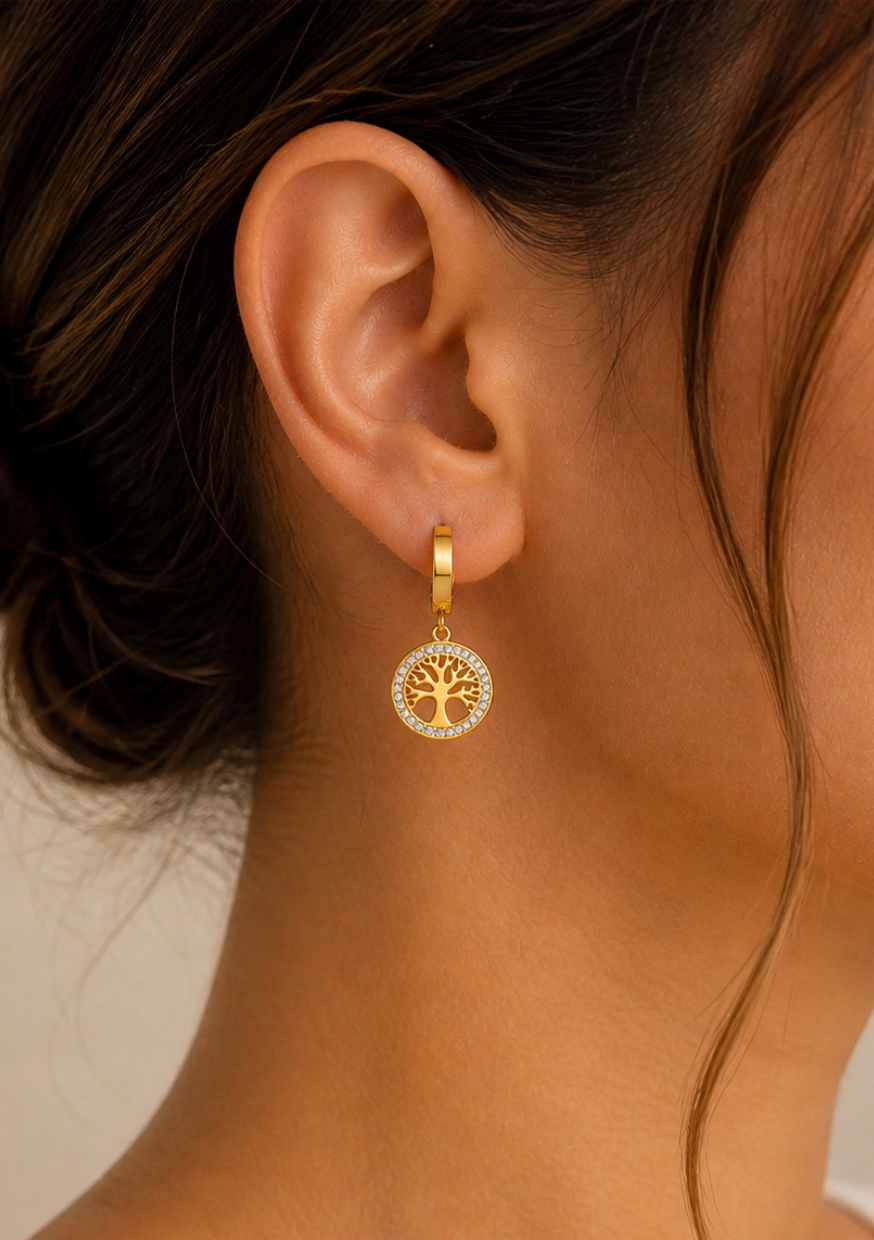Boucles d’Oreilles Arbre de Vie Dorées | Acier Inoxydable