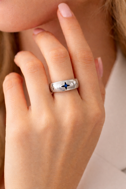 Bague Argent 925 Étoile Pierre Bleue Ajustable