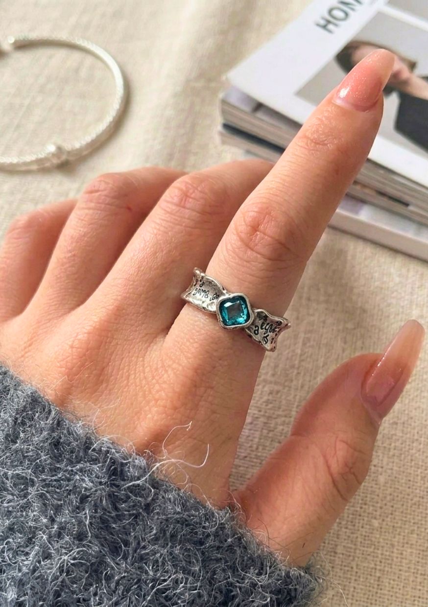 Bague Argent 925 Pierre Bleue Ajustable Vintage