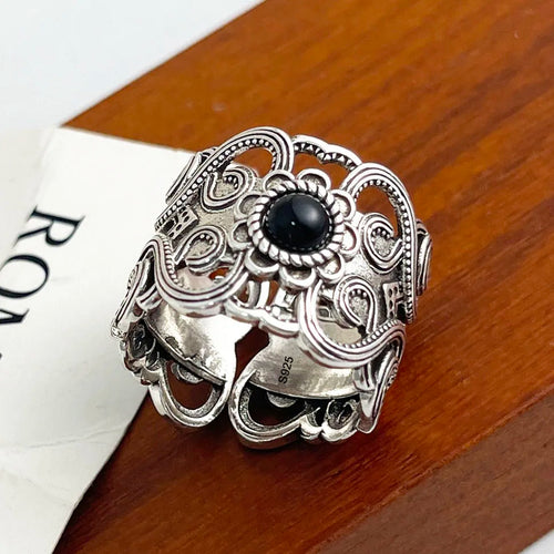 Bague Argent 925 Pierre Noire Ajustable Vintage