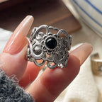 Bague Argent 925 Pierre Noire Ajustable Vintage