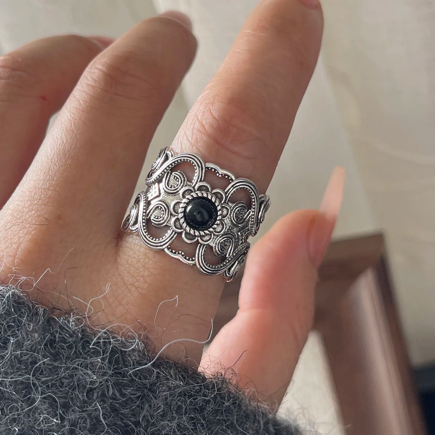 Bague Argent 925 Pierre Noire Ajustable Vintage