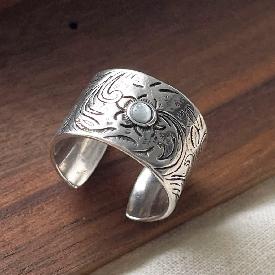 Bague Argent 925 Large Gravée Pierre Blanche