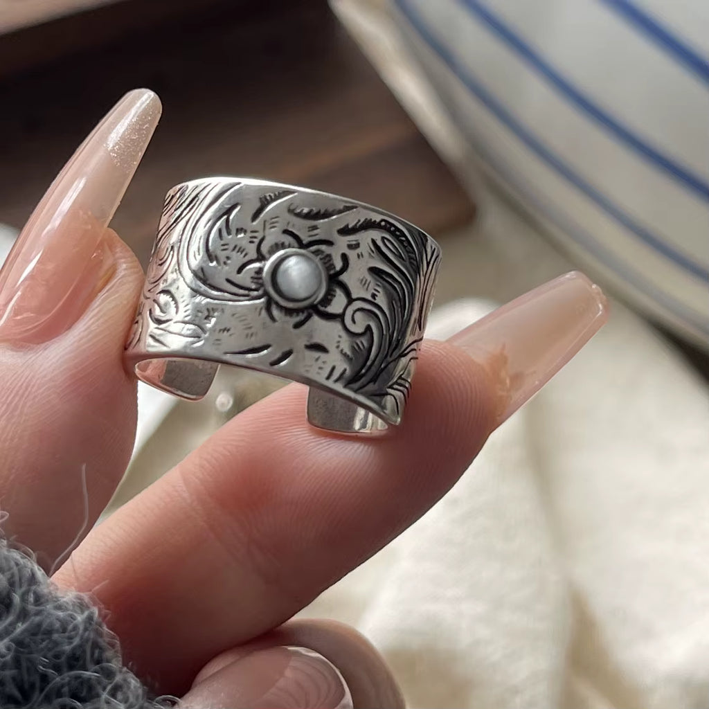 Bague Argent 925 Large Gravée Pierre Blanche