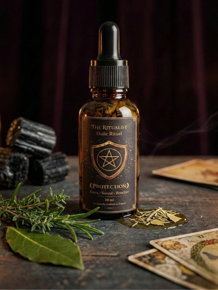Huile rituelle de protection TheRitualist — flacon artisanal avec tourmaline noire, romarin et laurier