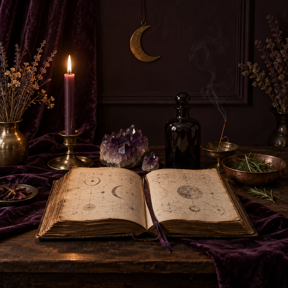 Ambiance de sorcellerie : grimoire ouvert, bougie prune, améthyste et objets en cuivre.